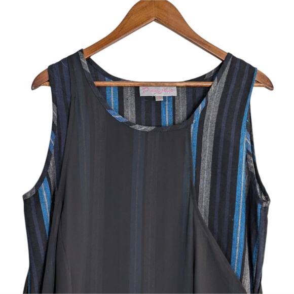Pretty Angel Tunic Top Large Blue Black Striped Overlay Lagenlook Whimsygoth - Picture 2 of 7